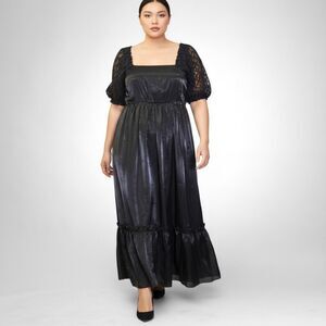 POLAGRAM Black Satin Midi Dress Puff Lace Sleeves and smocking, NWT! Size 2XL